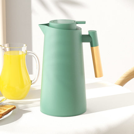 1000ml Bamboo Green thermos bottle with wooden handle, double-layer glass liner coffee pot, suitable for hot and cold drinks.