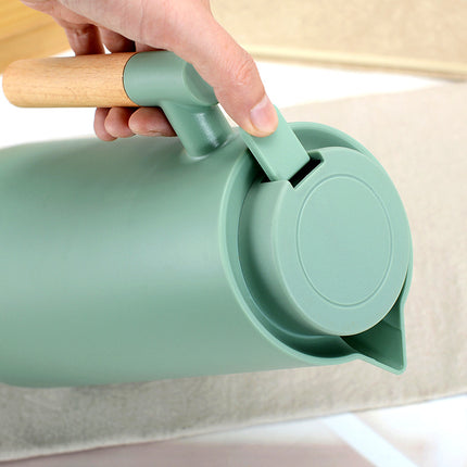 1000ml Bamboo Green thermos bottle with wooden handle, double-layer glass liner coffee pot, suitable for hot and cold drinks.