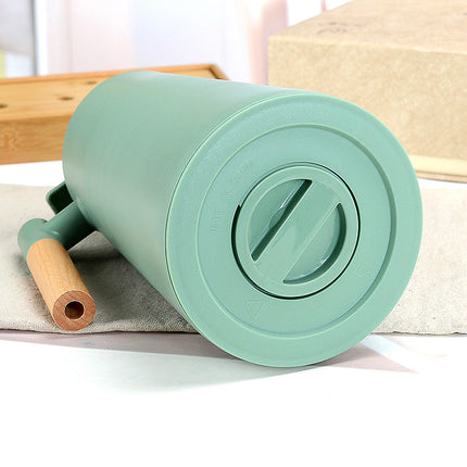 1000ml Bamboo Green thermos bottle with wooden handle, double-layer glass liner coffee pot, suitable for hot and cold drinks.