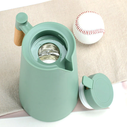 1000ml Bamboo Green thermos bottle with wooden handle, double-layer glass liner coffee pot, suitable for hot and cold drinks.