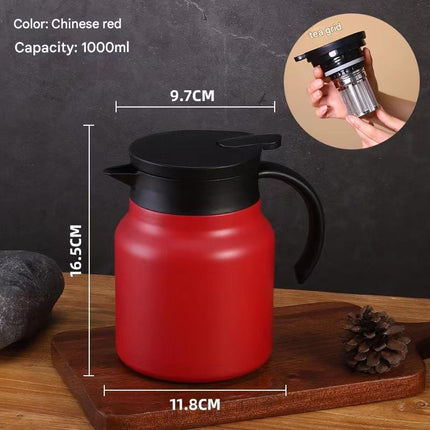 Red 316 Stainless Steel Stewing Tea Kettle with Wooden Handle - Insulated Tea and Coffee Kettle with Infuser for Home and Office.