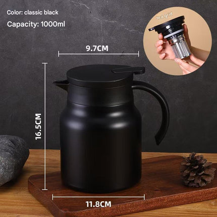 Black 316 Stainless Steel Stewing Tea Kettle with Wooden Handle - Insulated Tea and Coffee Kettle with Infuser for Home and Office.