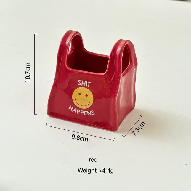 Red Ceramic Desktop Organizer - Cute Hand Shaped Pencil Holder and Makeup Brush Storage for Home and Office.