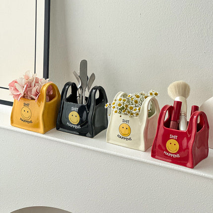 Red Ceramic Desktop Organizer - Cute Hand Shaped Pencil Holder and Makeup Brush Storage for Home and Office.