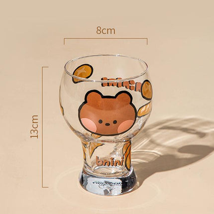 Mini Cartoon Glass Tumbler 400ml,Cute Beer and Juice Cup for Cold Drinks(Brown bear).