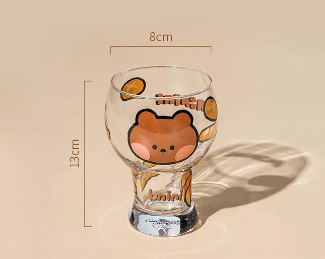 Mini Cartoon Glass Tumbler 400ml,Cute Beer and Juice Cup for Cold Drinks(Brown bear).