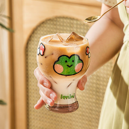 Mini Cartoon Glass Tumbler 400ml,Cute Beer and Juice Cup for Cold Drinks(Brown bear).