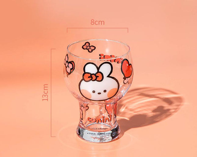 Mini Cartoon Glass Tumbler 400ml,Cute Beer and Juice Cup for Cold Drinks(White rabbit).