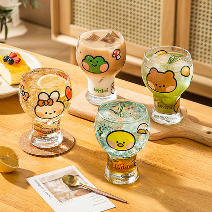 Mini Cartoon Glass Tumbler 400ml,Cute Beer and Juice Cup for Cold Drinks(Yellow duck).