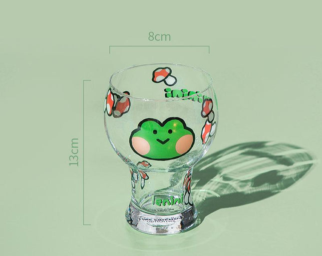 Mini Cartoon Glass Tumbler 400ml,Cute Beer and Juice Cup for Cold Drinks(Green frog).