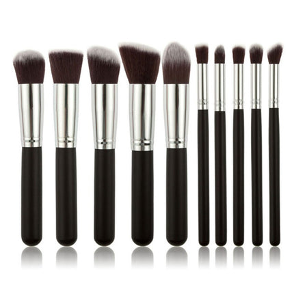 10-Piece Black silver Makeup Brush Set - Large and Small Brushes for Professional Beauty Application.