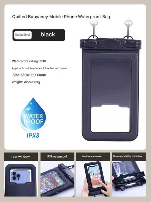 IPX8 Waterproof Phone Pouch with Inflatable Floating Layer,Touchscreen Dry Bag for Swimming(black).