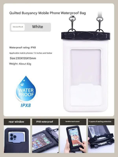 IPX8 Waterproof Phone Pouch with Inflatable Floating Layer,Touchscreen Dry Bag for Swimming(white).