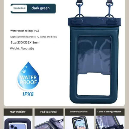 IPX8 Waterproof Phone Pouch with Inflatable Floating Layer,Touchscreen Dry Bag for Swimming(dark green).