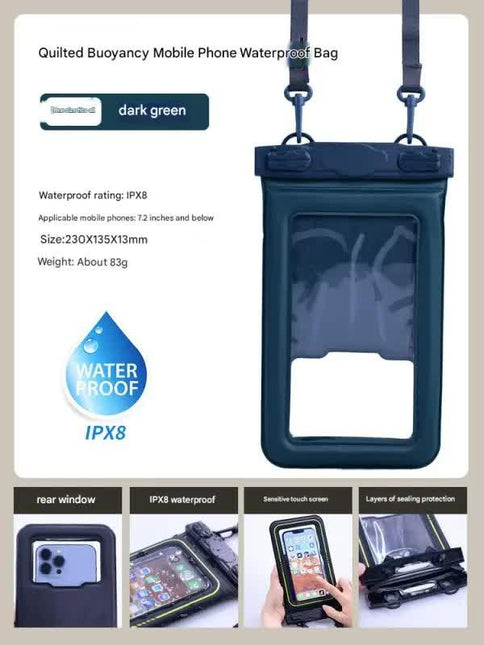 IPX8 Waterproof Phone Pouch with Inflatable Floating Layer,Touchscreen Dry Bag for Swimming(dark green).