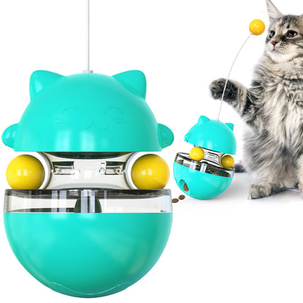 Cat Teaser Cup Toy, Interactive Treat Dispensing Ball with Wand (Blue).