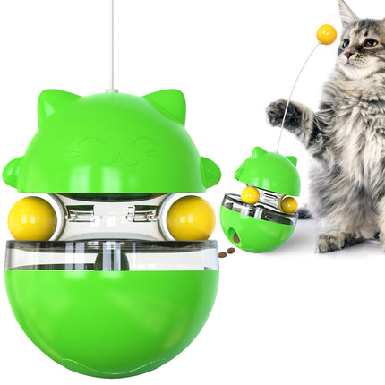 Cat Teaser Cup Toy, Interactive Treat Dispensing Ball with Wand (Green).