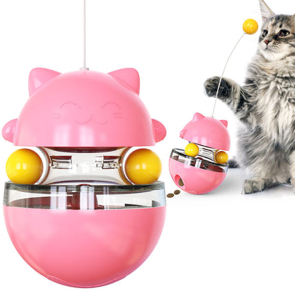 Cat Teaser Cup Toy, Interactive Treat Dispensing Ball with Wand (Pink).