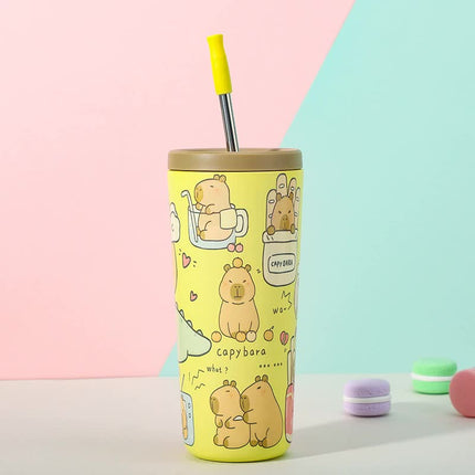 304 Stainless Steel Insulated Tumbler,Cartoon Design Portable Straw Cup for Home and Office(yellow).