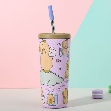 304 Stainless Steel Insulated Tumbler,Cartoon Design Portable Straw Cup for Home and Office(Lotus color).