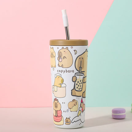 304 Stainless Steel Insulated Tumbler,Cartoon Design Portable Straw Cup for Home and Office(Light white).