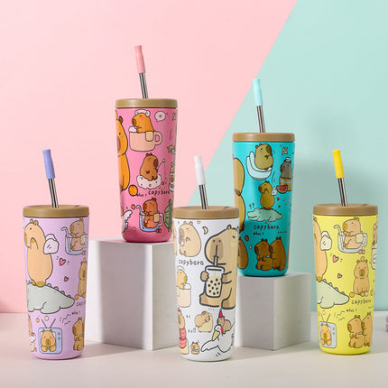 304 Stainless Steel Insulated Tumbler,Cartoon Design Portable Straw Cup for Home and Office(Light white).