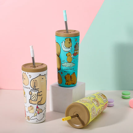 304 Stainless Steel Insulated Tumbler,Cartoon Design Portable Straw Cup for Home and Office(Light white).