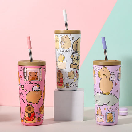 304 Stainless Steel Insulated Tumbler,Cartoon Design Portable Straw Cup for Home and Office(Light white).