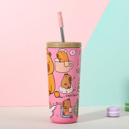 304 Stainless Steel Insulated Tumbler,Cartoon Design Portable Straw Cup for Home and Office(Pink).