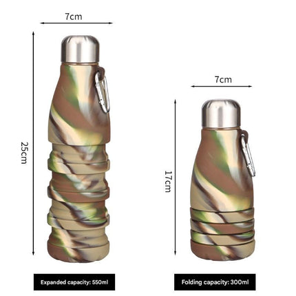Camouflage Green Collapsible Silicone Water Bottle - Portable Sports Hydration Flask with Carabiner, 550ml/300ml.