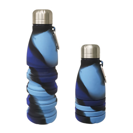 Camouflage blue Collapsible Silicone Water Bottle - Portable Sports Hydration Flask with Carabiner, 550ml/300ml.