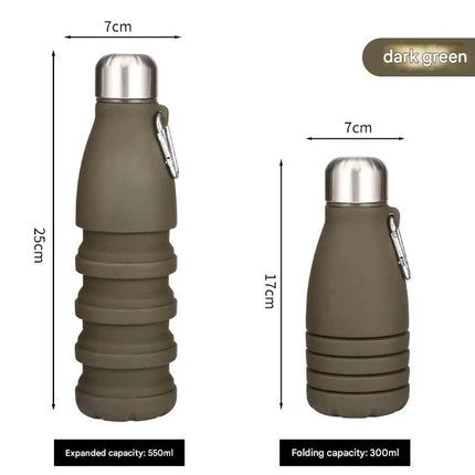 Dark green Collapsible Silicone Water Bottle - Portable Sports Hydration Flask with Carabiner, 550ml/300ml.