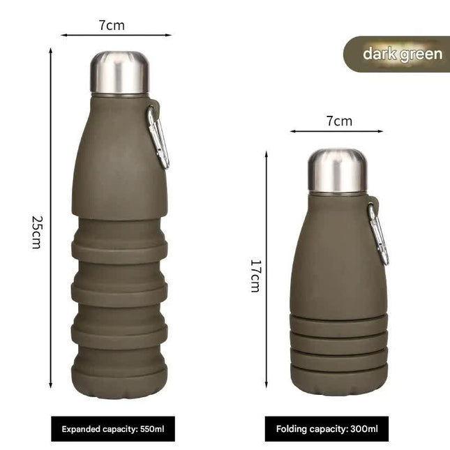 Dark green Collapsible Silicone Water Bottle - Portable Sports Hydration Flask with Carabiner, 550ml/300ml.