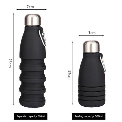 Black Collapsible Silicone Water Bottle - Portable Sports Hydration Flask with Carabiner, 550ml/300ml.