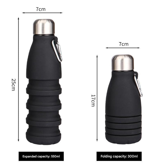 Black Collapsible Silicone Water Bottle - Portable Sports Hydration Flask with Carabiner, 550ml/300ml.