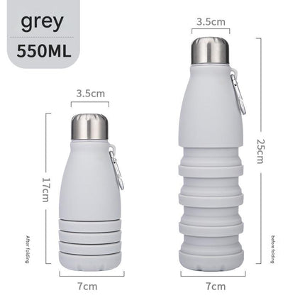 Gray Collapsible Silicone Water Bottle - Portable Sports Hydration Flask with Carabiner, 550ml/300ml.