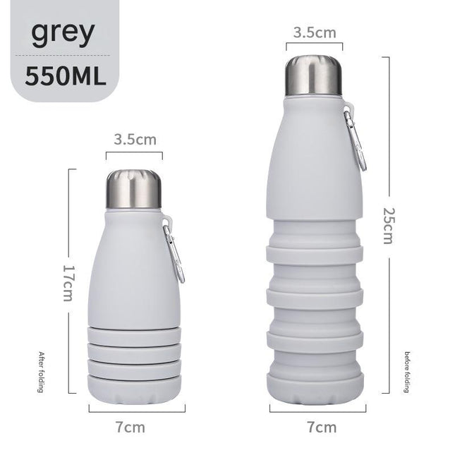 Gray Collapsible Silicone Water Bottle - Portable Sports Hydration Flask with Carabiner, 550ml/300ml.