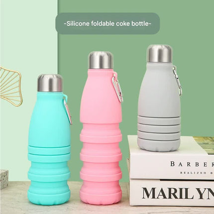 Gray Collapsible Silicone Water Bottle - Portable Sports Hydration Flask with Carabiner, 550ml/300ml.