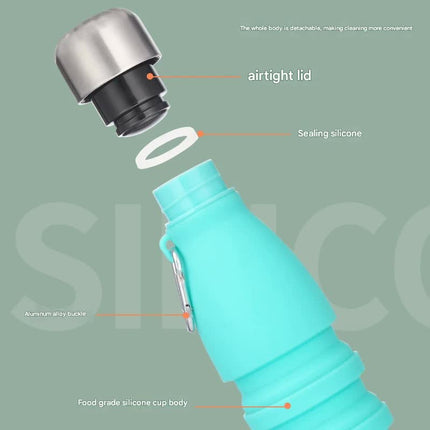 Gray Collapsible Silicone Water Bottle - Portable Sports Hydration Flask with Carabiner, 550ml/300ml.