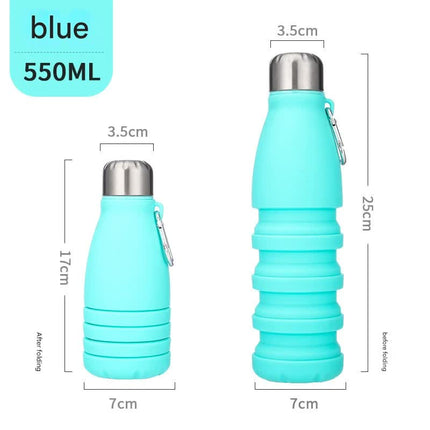 Blue Collapsible Silicone Water Bottle - Portable Sports Hydration Flask with Carabiner, 550ml/300ml.