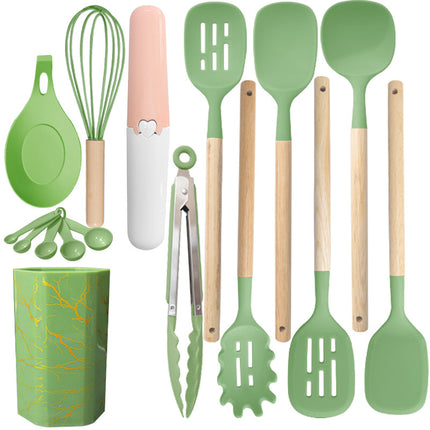 Bamboo Leaf Green 12-Piece Silicone Cooking Utensil Set - Non-Stick Food-Grade Kitchen Tools with Holder.