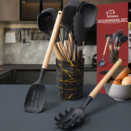 Bamboo Leaf Green 12-Piece Silicone Cooking Utensil Set - Non-Stick Food-Grade Kitchen Tools with Holder.