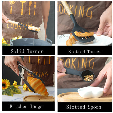 Bamboo Leaf Green 12-Piece Silicone Cooking Utensil Set - Non-Stick Food-Grade Kitchen Tools with Holder.
