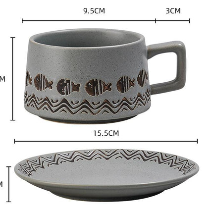 Vintage Ceramic Coffee Cup and Saucer Set - Elegant Afternoon Tea Set(Wave Fish Gray).