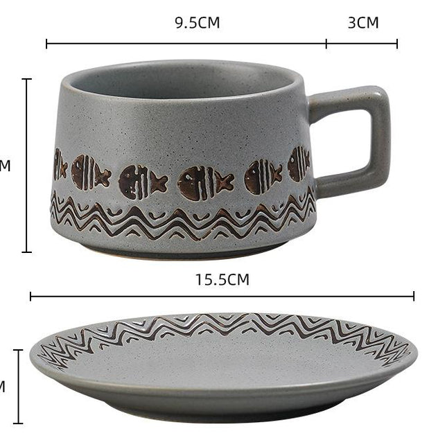 Vintage Ceramic Coffee Cup and Saucer Set - Elegant Afternoon Tea Set(Wave Fish Gray).