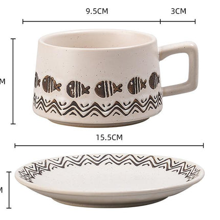 Vintage Ceramic Coffee Cup and Saucer Set - Elegant Afternoon Tea Set(Wave Fish White).