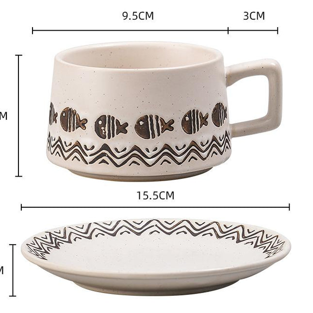 Vintage Ceramic Coffee Cup and Saucer Set - Elegant Afternoon Tea Set(Wave Fish White).