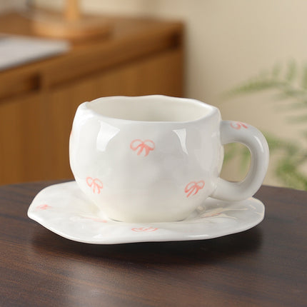 Hand-Painted Ceramic Coffee Cup and Saucer Set - Vintage Afternoon Tea(Pink bow).