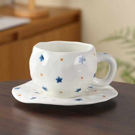 Hand-Painted Ceramic Coffee Cup and Saucer Set - Vintage Afternoon Tea(Blue five-pointed star).