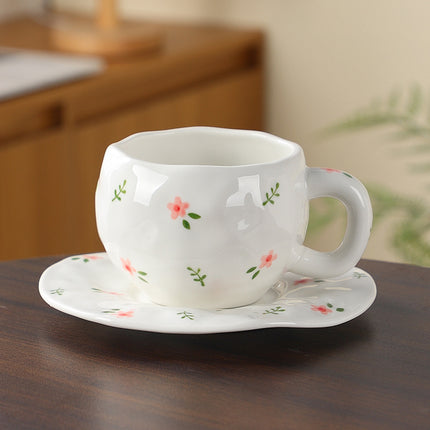 Hand-Painted Ceramic Coffee Cup and Saucer Set - Vintage Afternoon Tea(Red small floral branches).